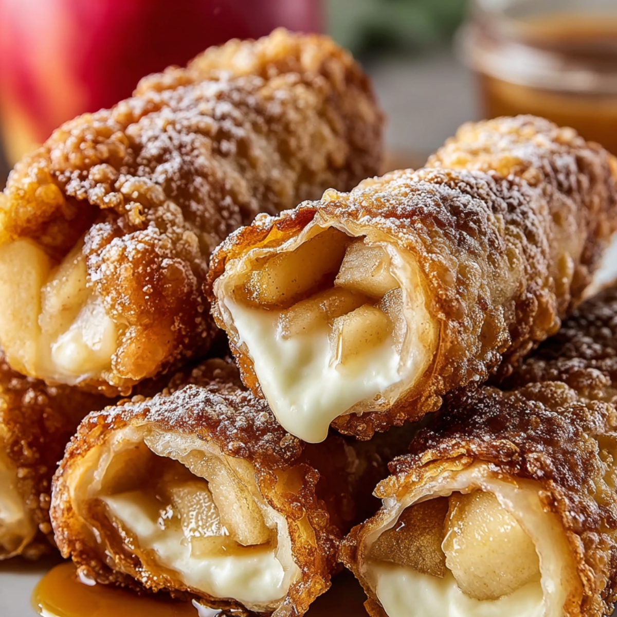 Close-up of fried apple pie egg rolls with a crispy exterior, dusted with cinnamon sugar, showing apple filling and creamy center."