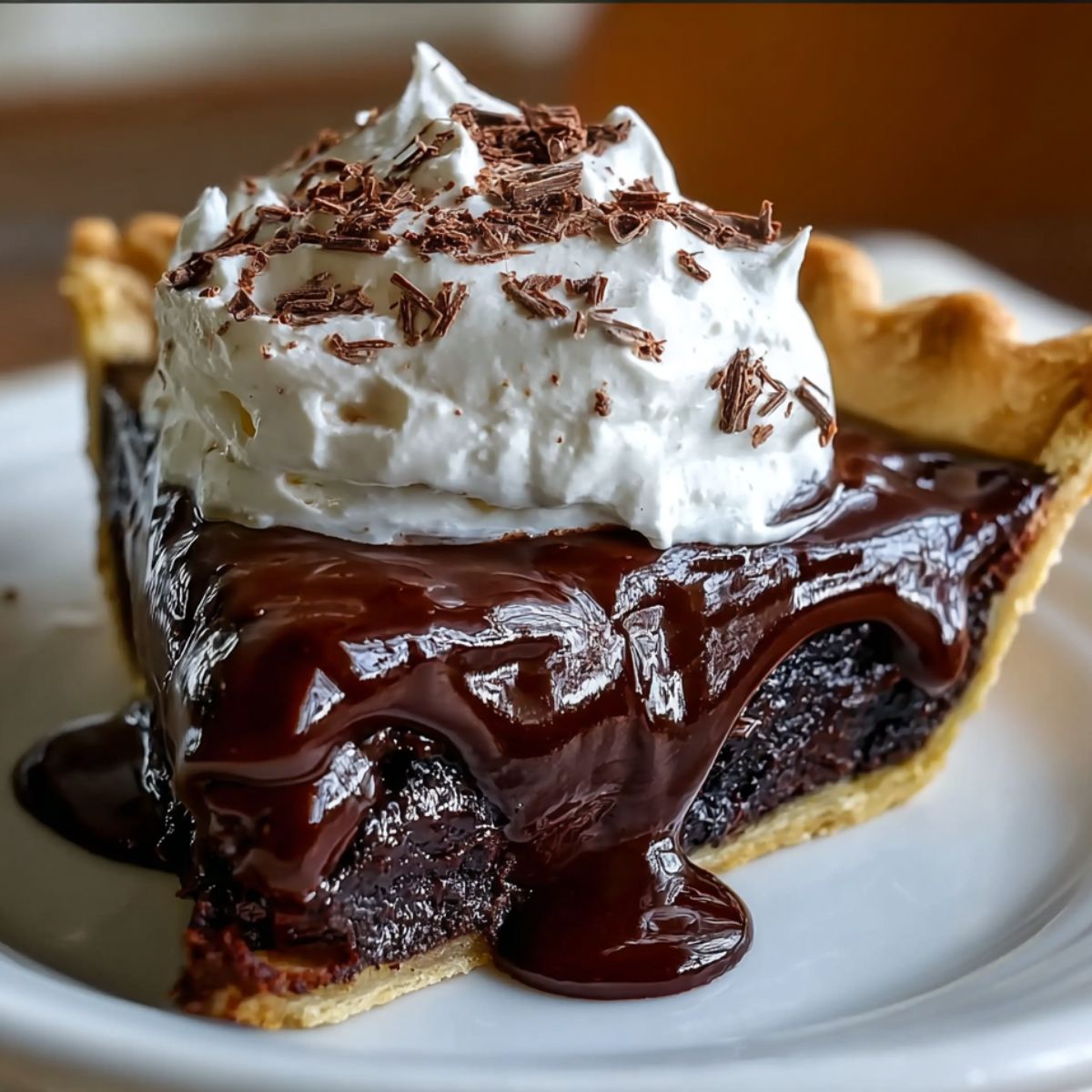A slice of Hot Fudge Pie with a golden crust, rich glossy chocolate filling oozing out, topped with whipped cream and grated chocolate, served on a white plate.