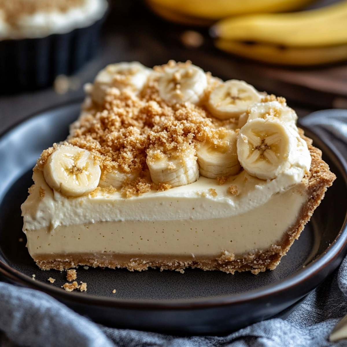 Slice of homemade banana cream pie with crumb crust, creamy custard, whipped cream, banana slices, and sprinkled crumbs on a dark plate.