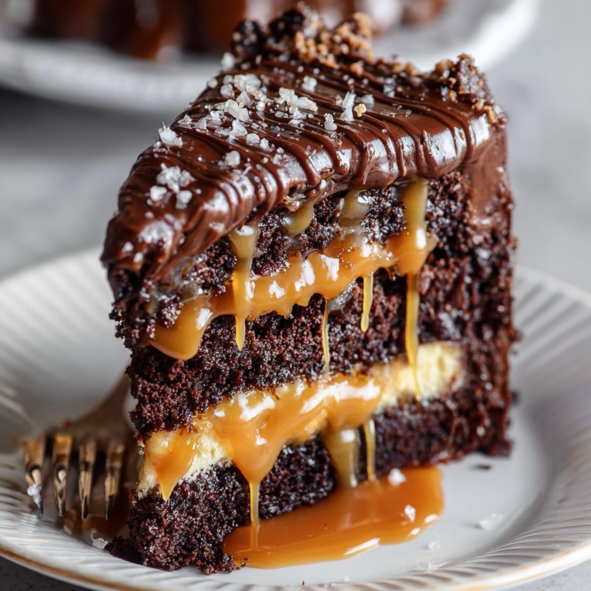 Slice of homemade Chocolate Caramel Cake with caramel layers, glossy ganache, sea salt, and crumbs on a white plate.