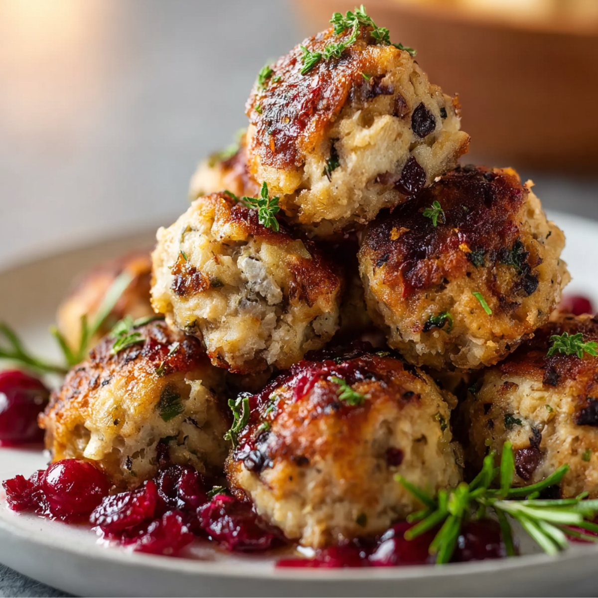 Golden-brown cranberry turkey stuffing balls on a white plate, garnished with rosemary and cranberries.