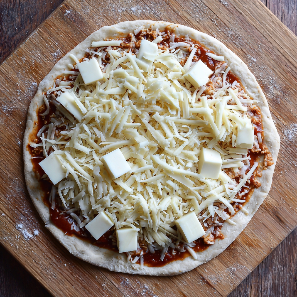 "Unbaked pizza with shredded and cubed mozzarella cheese on a layer of tomato sauce, on raw pizza dough placed on a wooden board."