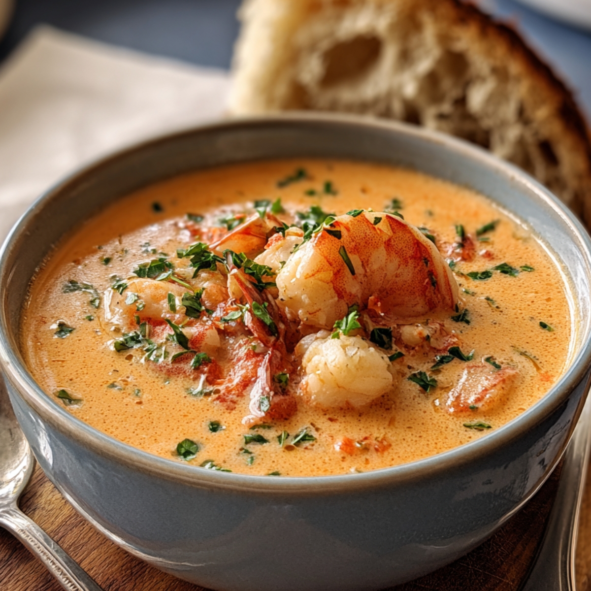 Bowl of seafood bisque with shrimp and lobster pieces, garnished with parsley, served in a gray bowl with rustic bread in the background.