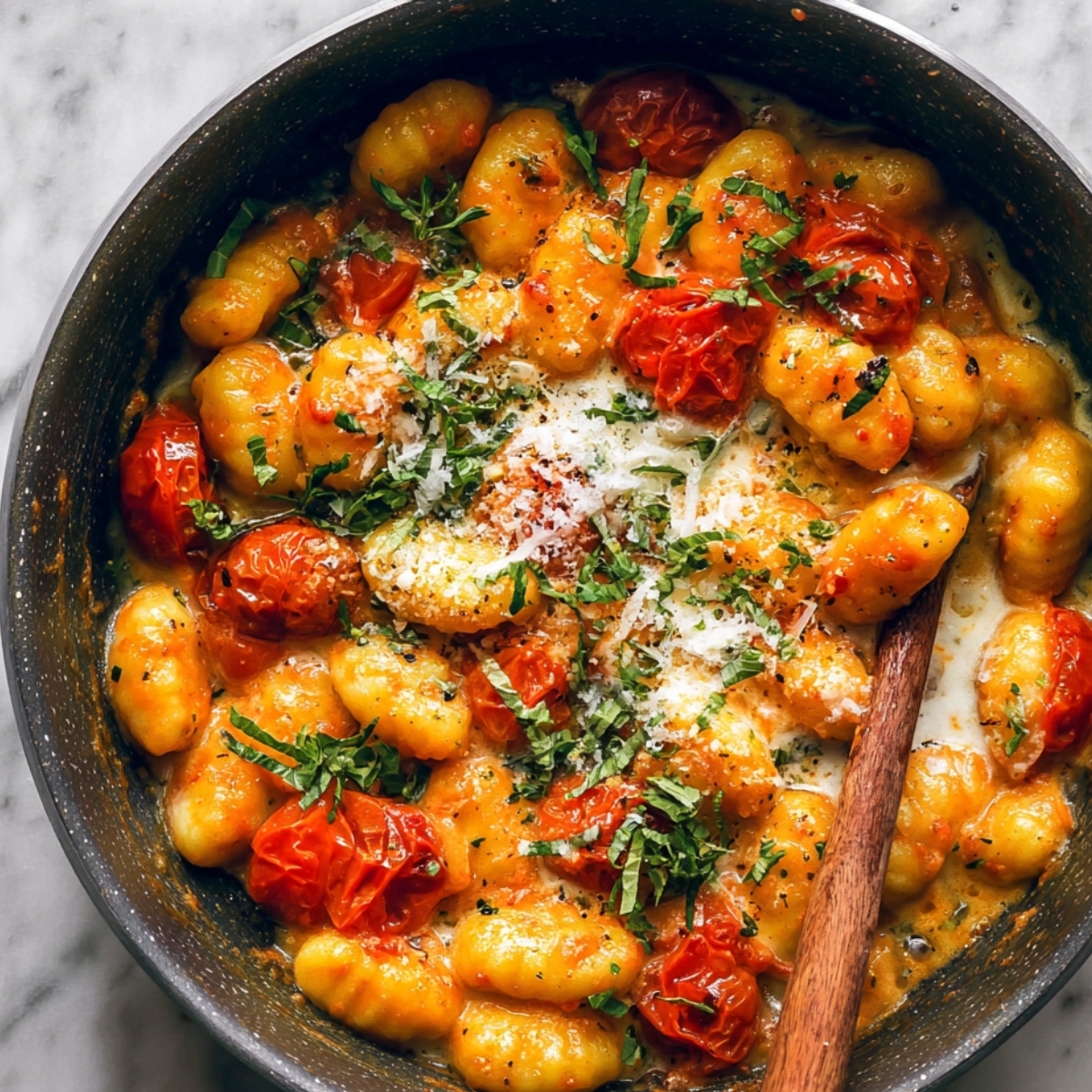 Homemade skillet of tomato gnocchi with roasted cherry tomatoes, melted cheese, basil, and Parmesan on marble countertop.