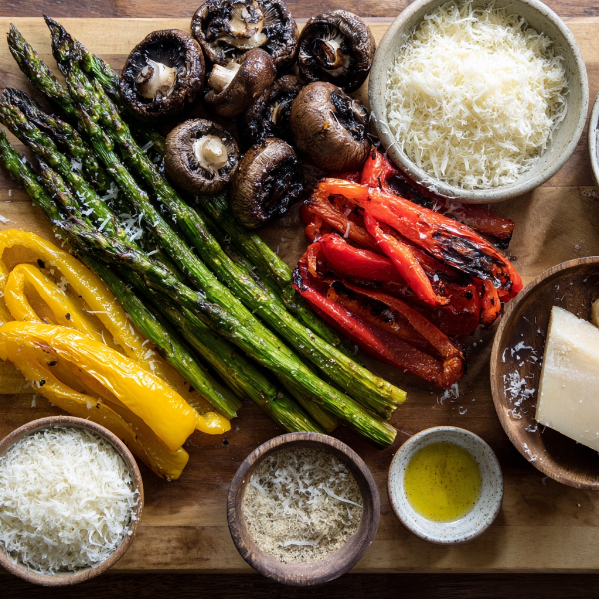 Roasted vegetable assortment: yellow and red bell peppers, grilled asparagus, whole mushrooms, and small bowls with shredded cheese, olive oil, and hard cheeses.