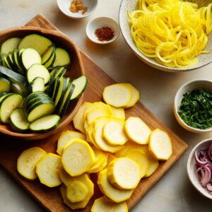 A wooden cutting board with whole zucchinis, yellow squash, sliced onions, small bowls of spices (salt, pepper, dried herbs), and olive oil.