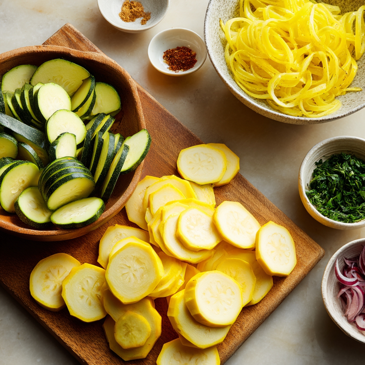 A wooden cutting board with whole zucchinis, yellow squash, sliced onions, small bowls of spices (salt, pepper, dried herbs), and olive oil.