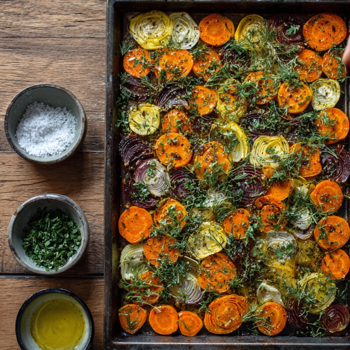 A roasting pan filled with sliced onions, carrots, yellow and red beets, topped with fresh thyme and parsley, with small bowls of salt and olive oil on the side.