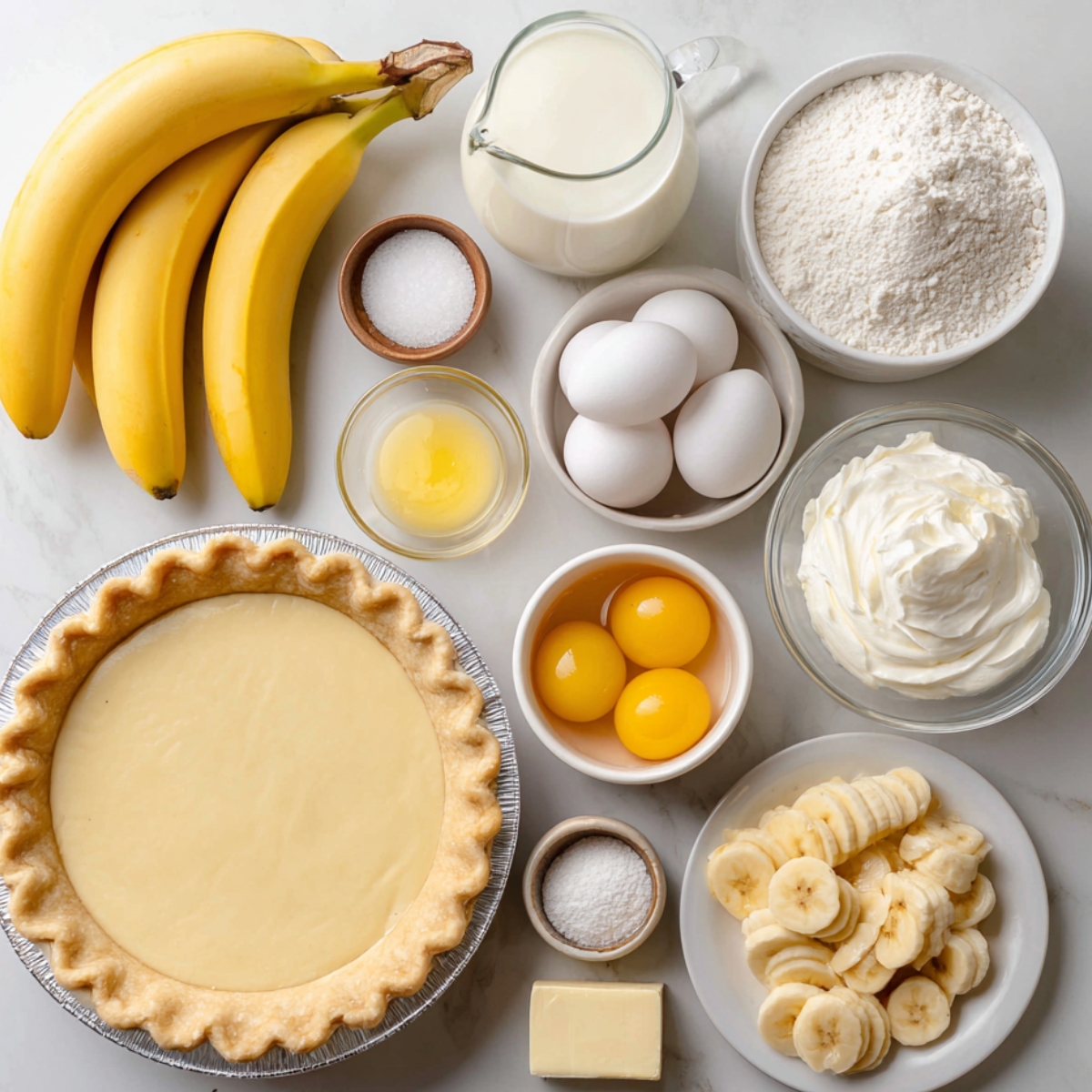 Overhead view of banana cream pie ingredients: baked crust with custard, bananas, milk, flour, eggs, yolks, butter, sugar, whipped cream, and sliced bananas on a white countertop.