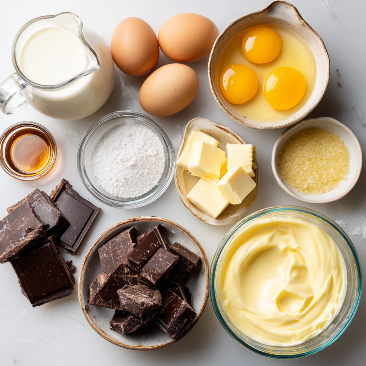 Boston Cream Cupcake ingredients with eggs, milk, butter, sugar, vanilla, chocolate, and pastry cream on a white surface.
