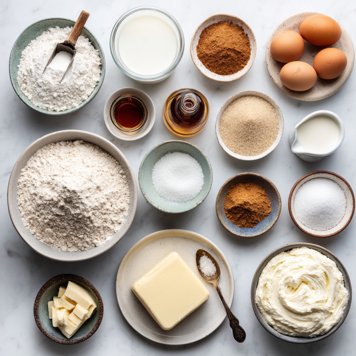 Flat lay of ingredients for homemade Cookie Monster cinnamon rolls, including flour, milk, eggs, butter, sugars, cinnamon, cream cheese frosting, and vanilla, arranged neatly on a white marble counter in ceramic bowls.