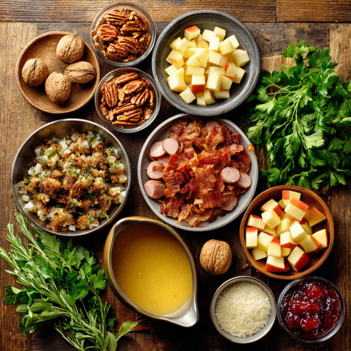 Flat lay of optional add-ins for cranberry turkey stuffing balls, including apples, nuts, bacon, sausage, parsley, Parmesan, cranberry sauce, and gravy.