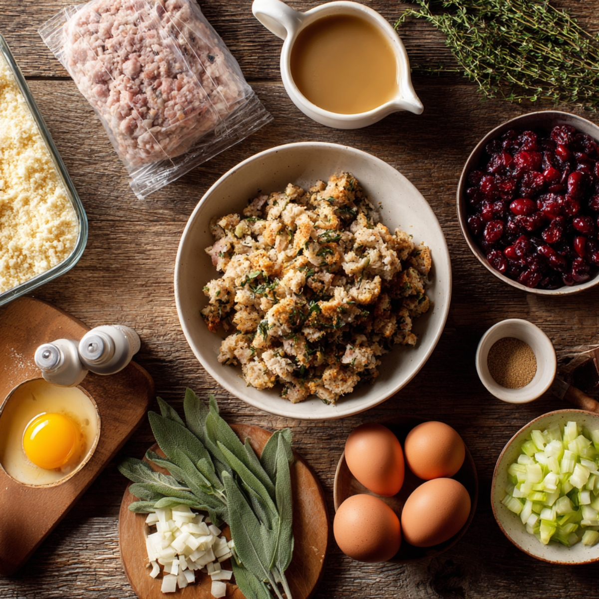 Flat lay of ingredients for cranberry turkey stuffing balls, including stuffing, ground turkey, cranberries, eggs, celery, onions, herbs, breadcrumbs, and broth on a rustic wooden table.