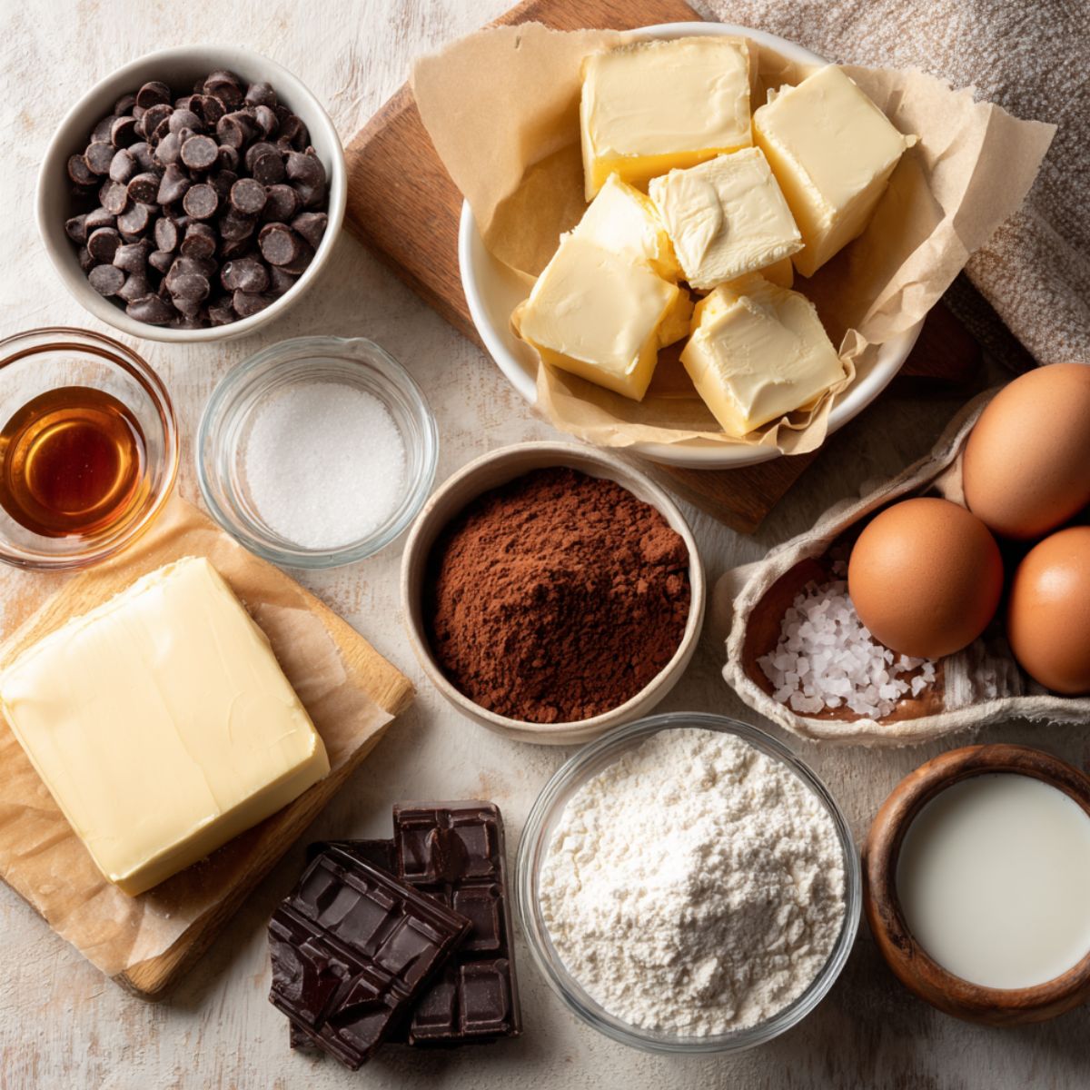 Ingredients for homemade Hot Fudge Pie laid out on a wooden surface: chocolate chips, cubes of butter, cocoa powder, flour, eggs, milk, vanilla extract, salt, and pieces of dark chocolate. The ingredients are arranged in small bowls, with a rustic, homey feel to the setup.