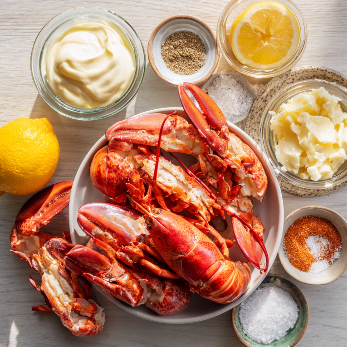 Fresh ingredients for a lobster salad displayed on a white wooden surface, featuring a whole cooked lobster with claws and tail meat on a plate, surrounded by bowls of mayonnaise, lemon halves, butter, coarse salt, white pepper, Old Bay seasoning, and fresh lemon.