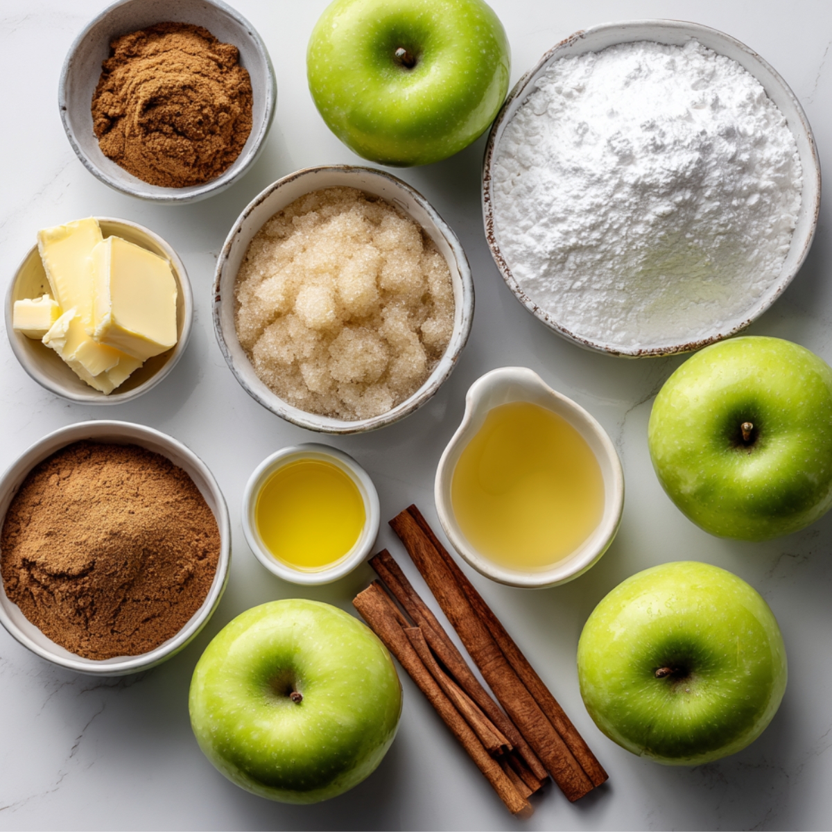 "Ingredients for apple pie filling, including Granny Smith apples, brown sugar, powdered sugar, butter, cinnamon, and vanilla, arranged in bowls."