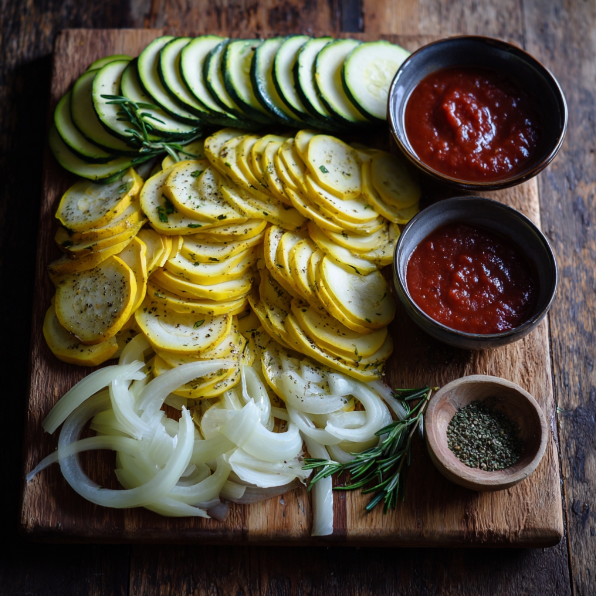 A wooden cutting board with thinly sliced green zucchini, yellow squash, and onions, accompanied by small bowls of tomato sauce and herbs like rosemary.