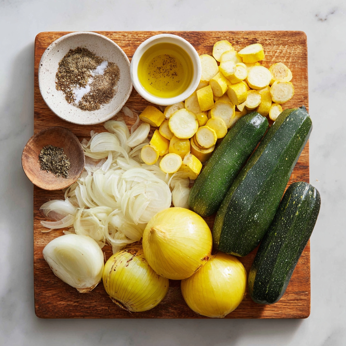 Same ingredients on a wooden cutting board: sliced zucchini and yellow squash, onions, rosemary, and bowls of tomato sauce.