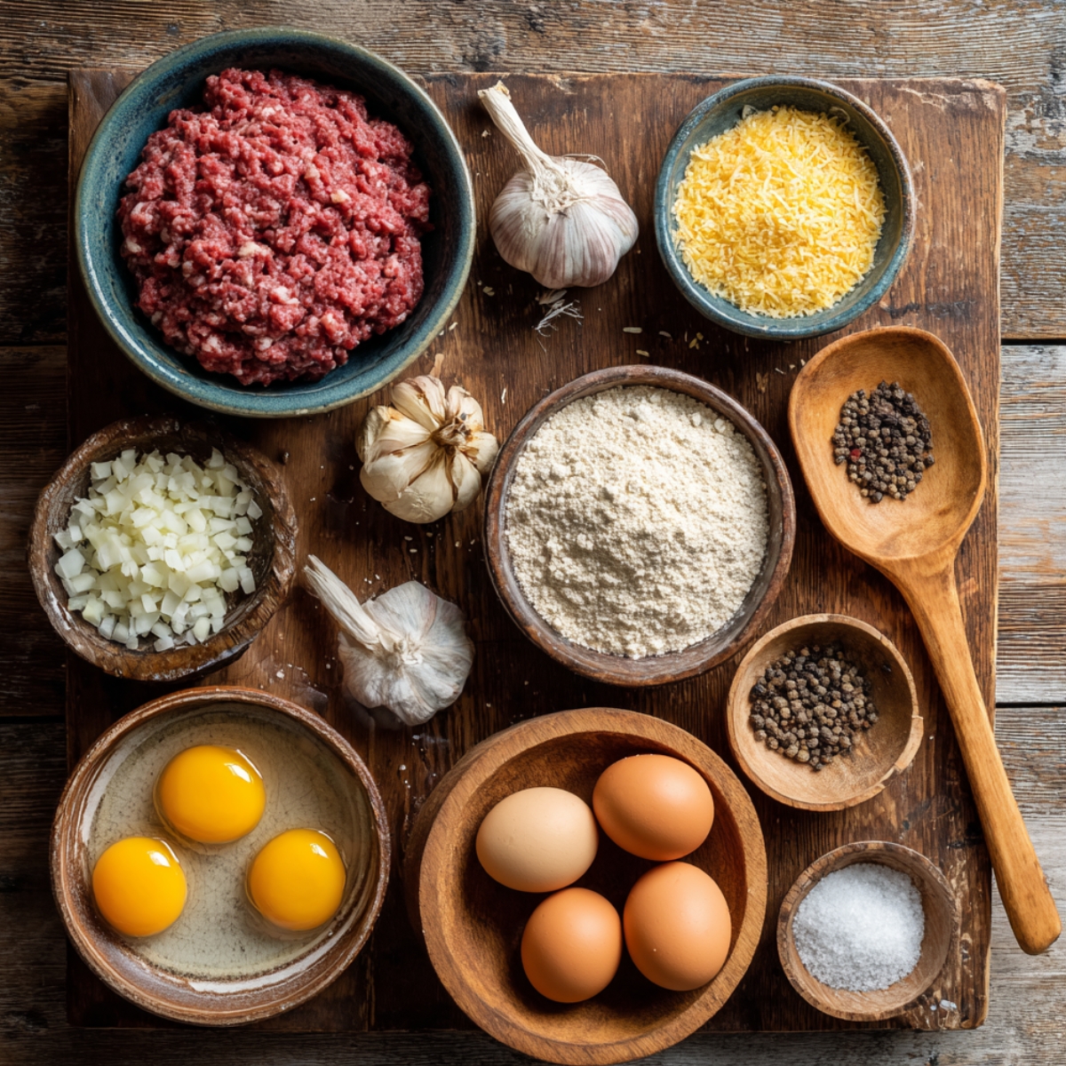 Meatloaf ingredients on a wooden board, including ground beef, eggs, chopped onions, garlic, flour, cheese, salt, and pepper.