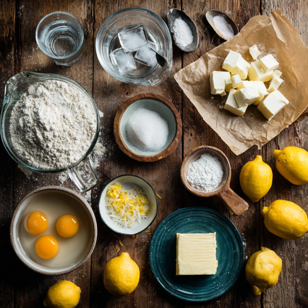 Overhead shot of lemon meringue pie ingredients on a rustic wooden table, including flour, butter, sugar, cornstarch, eggs, lemon zest, fresh lemons, salt, and glasses of water with ice.