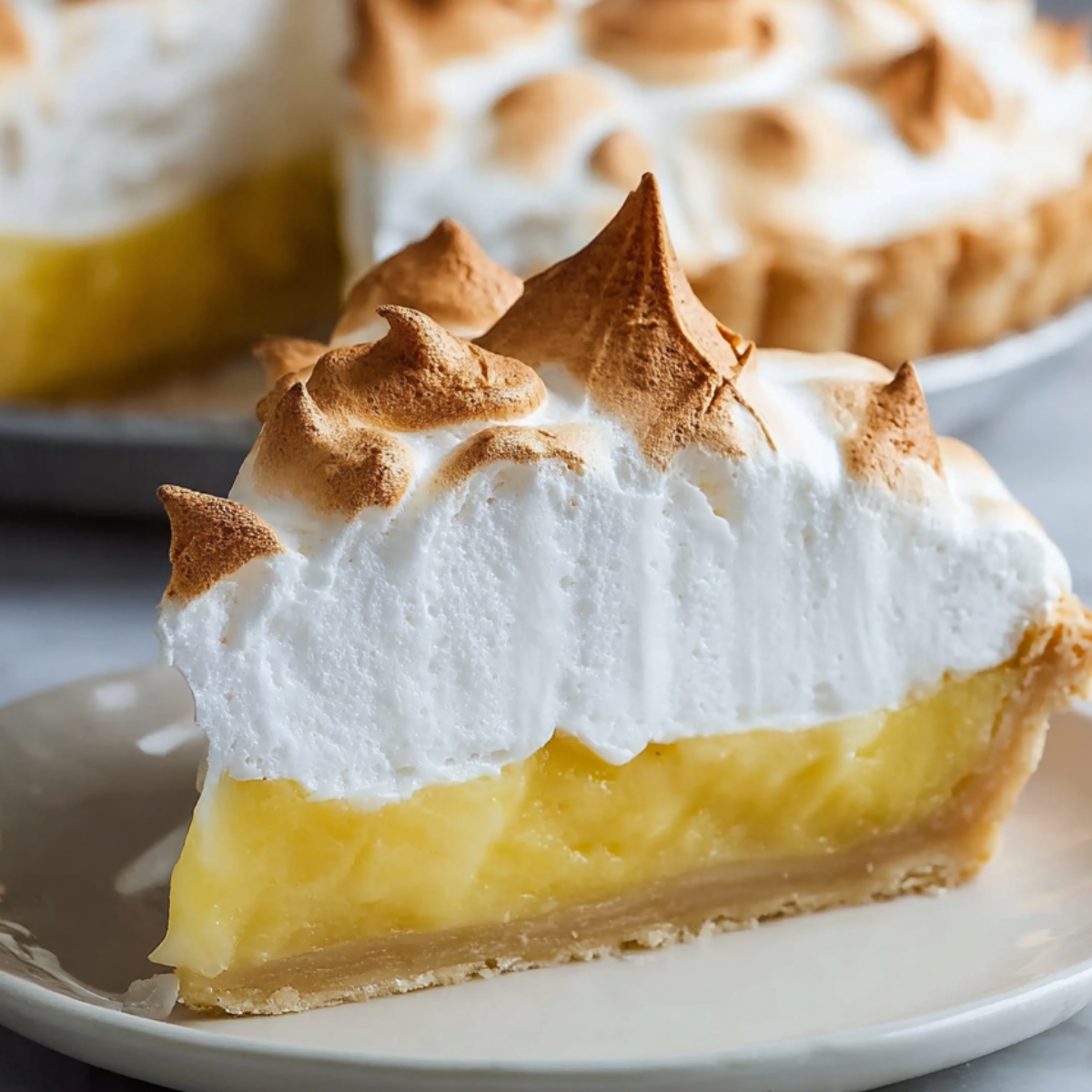 Slice of homemade lemon meringue pie on a white plate, with flaky golden crust, bright yellow lemon curd filling, and fluffy meringue topping with golden-brown peaks.