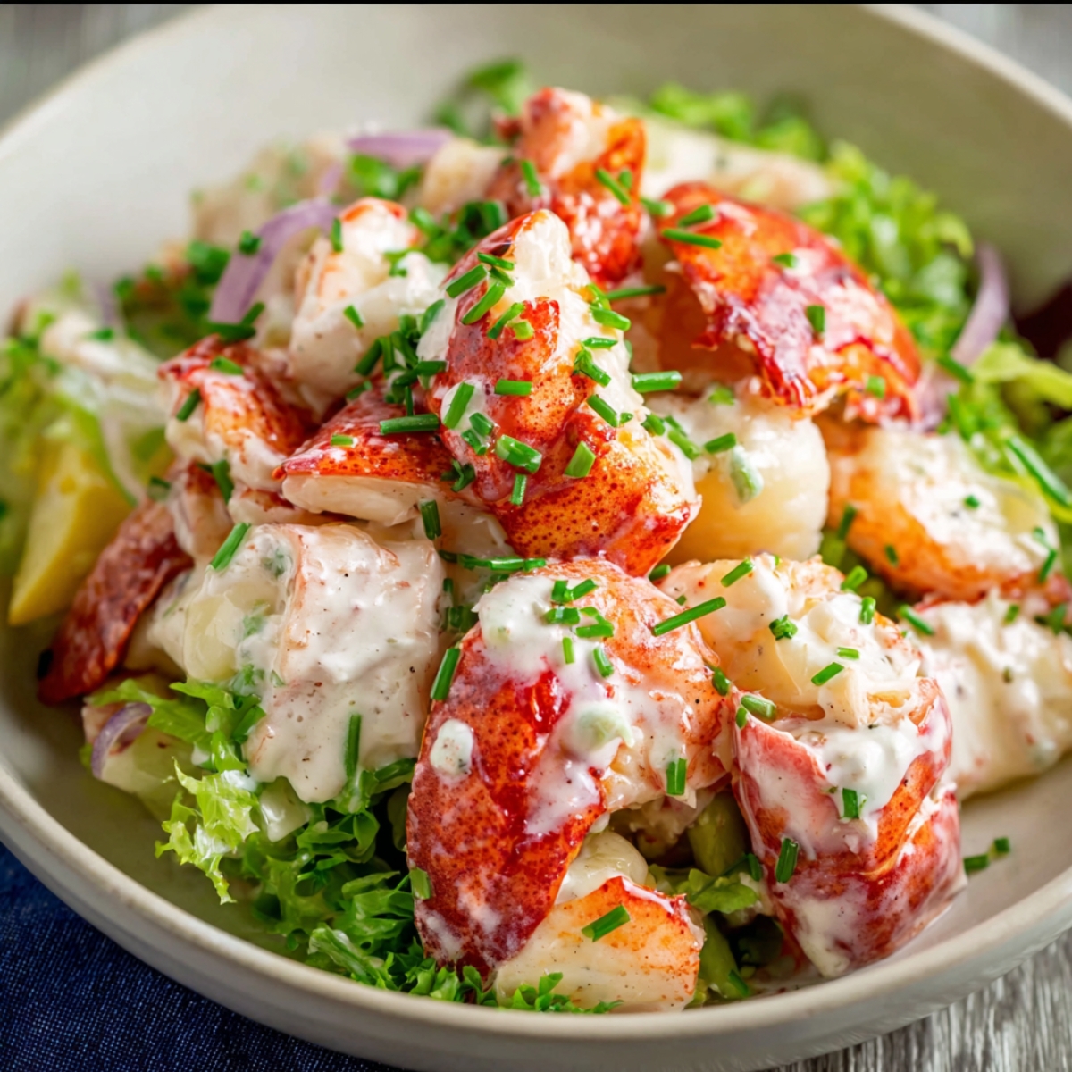 Homemade lobster salad with chunks of lobster, cucumber, red onion, and herbs in a creamy mayonnaise dressing, served in a white bowl.