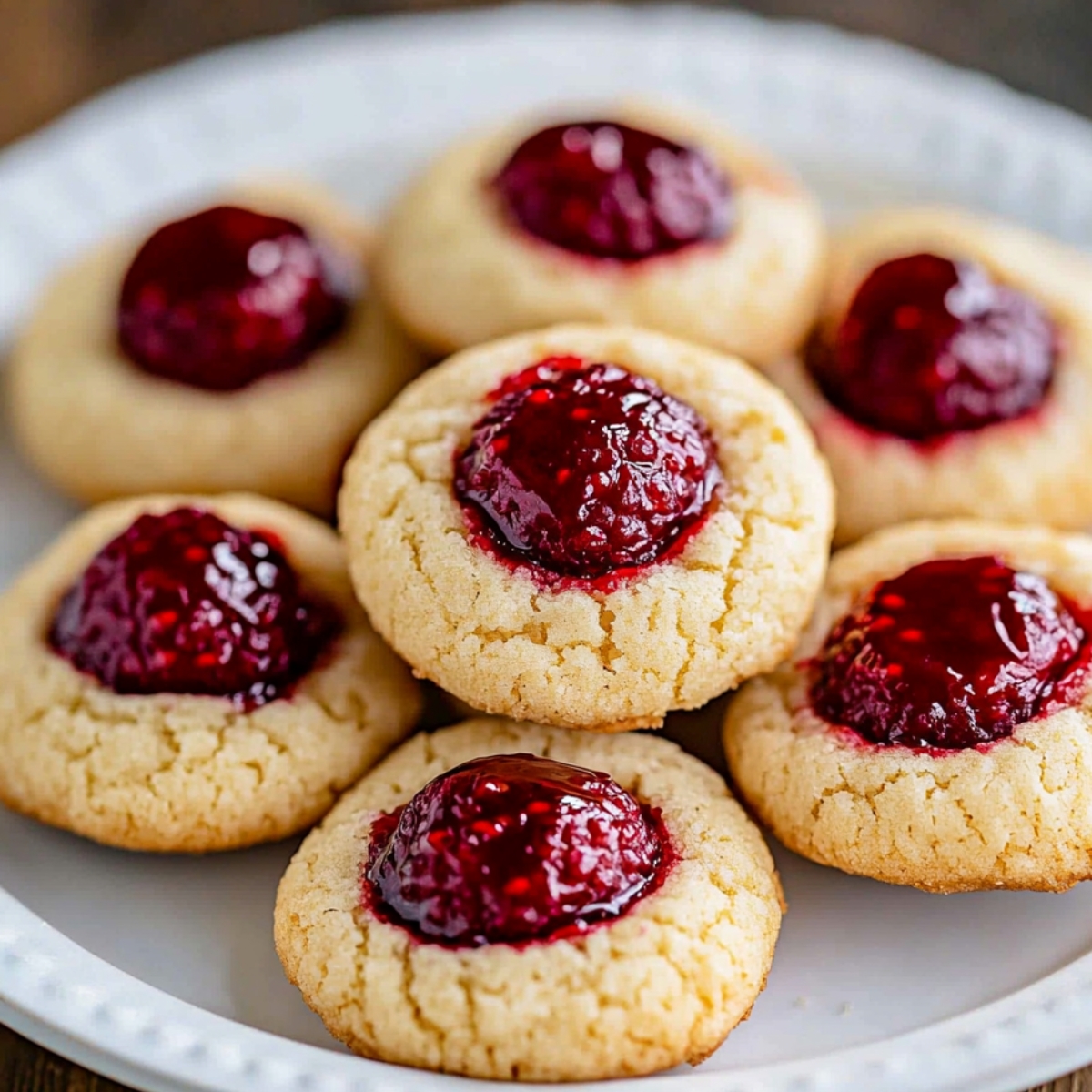Homemade Raspberry Thumbprint Cookies with golden shortbread and glossy red raspberry jam centers on a white plate.
