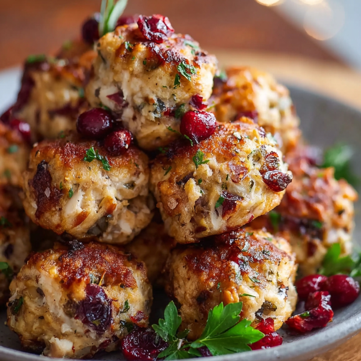 The Best Cranberry Turkey Stuffing Balls Recipe on a gray plate, garnished with parsley and cranberries.