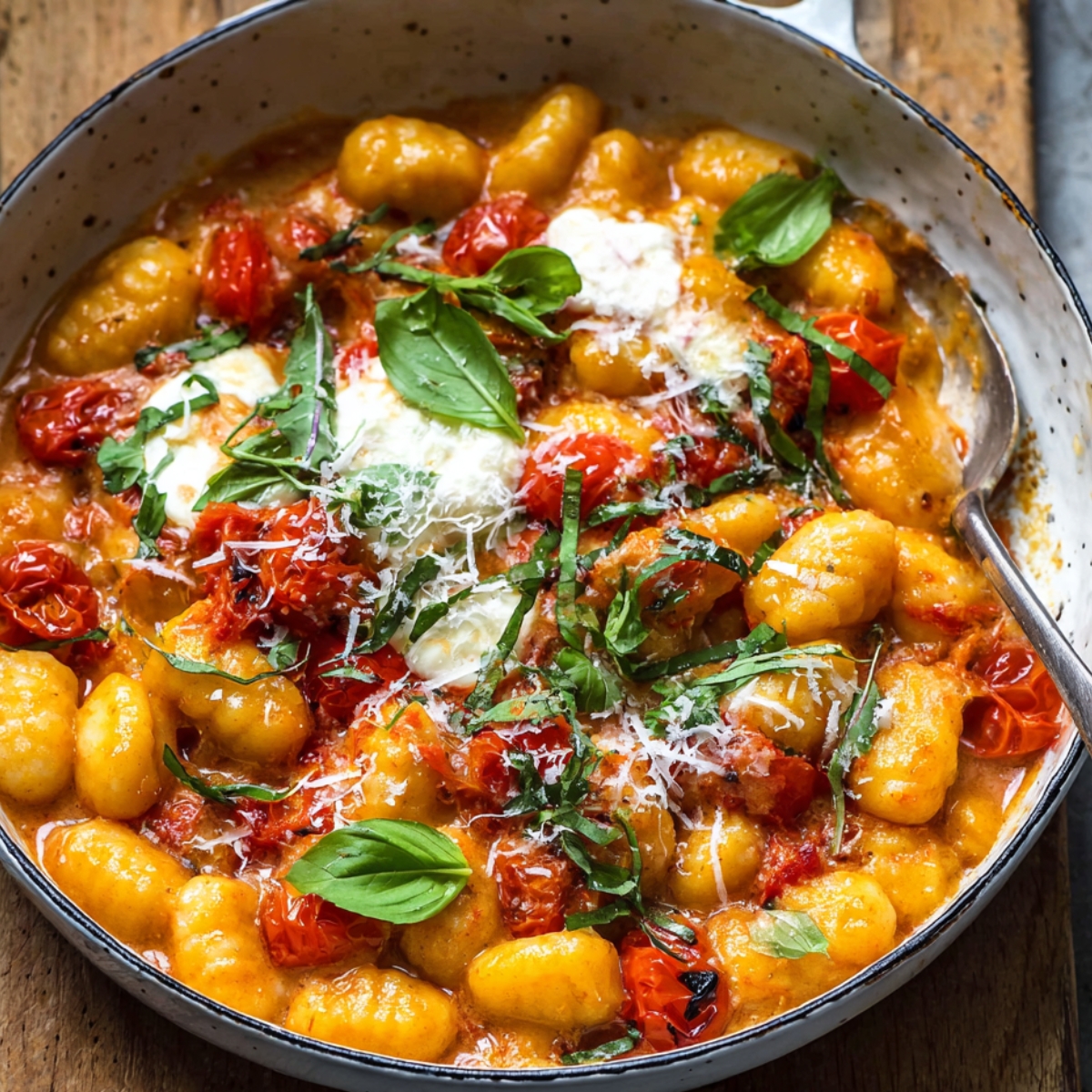 Homemade skillet of tomato gnocchi with roasted cherry tomatoes, mozzarella, Parmesan, and fresh basil.