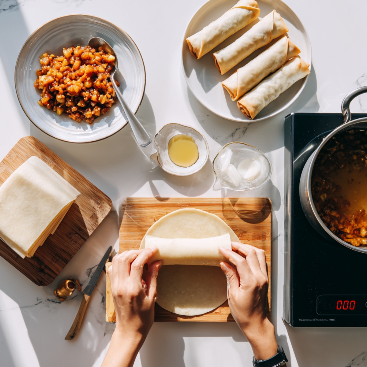 Top-down view of a person assembling an apple pie egg roll, with apple filling being placed in an egg roll wrapper on a wooden surface."