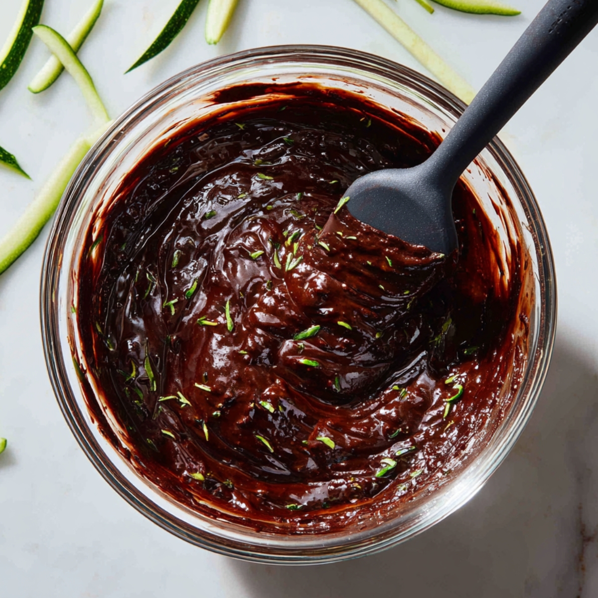 A glass bowl filled with rich, glossy chocolate zucchini brownie batter, speckled with green zucchini shreds and mixed with a black silicone spatula on a light marble surface.