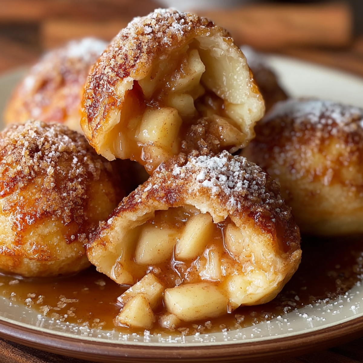 Real homemade Apple Pie Bombs on a plate, golden and sugar-dusted, one cut open showing warm caramel apple filling, flaky crust, and glossy sauce, cozy homemade feel.