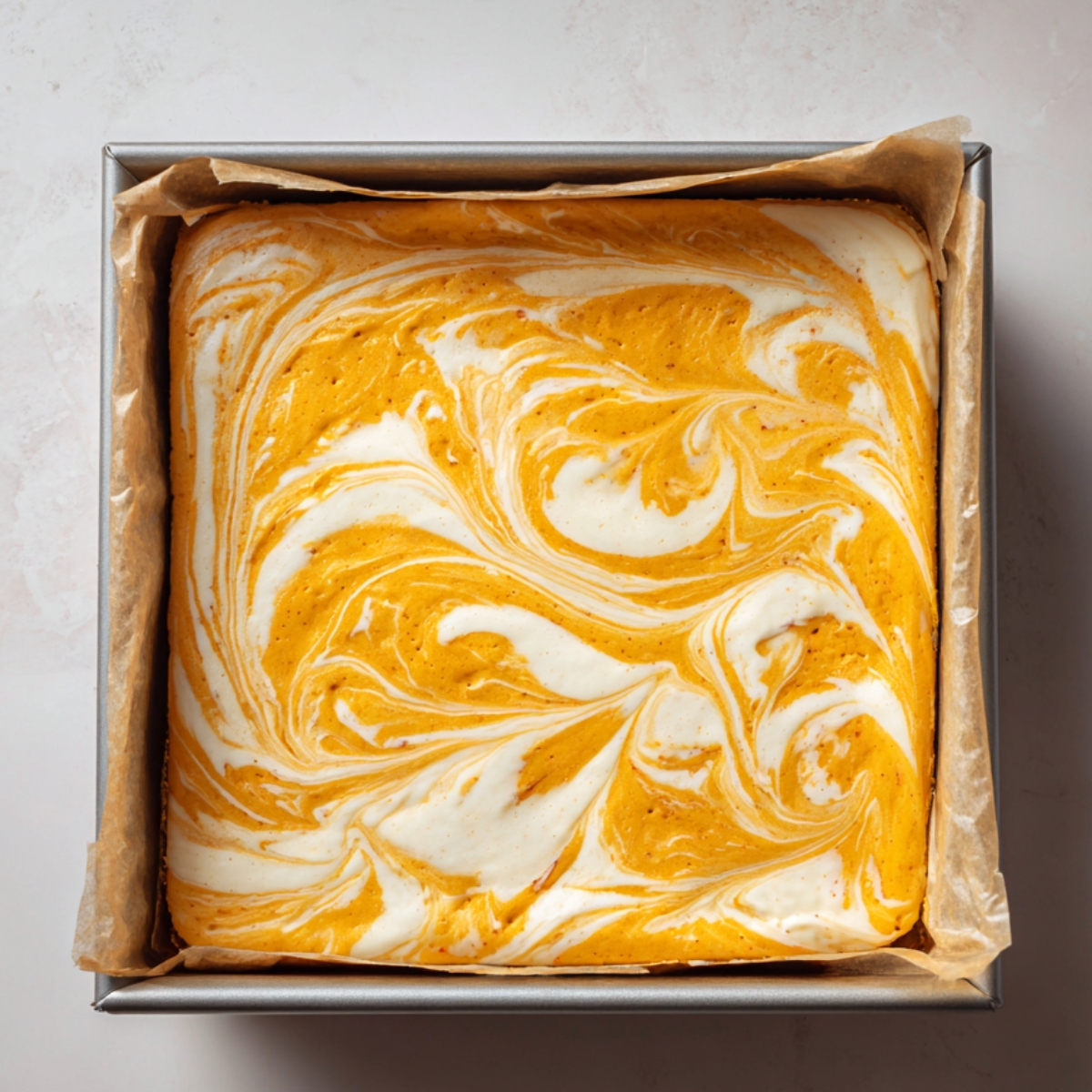 Top view of a parchment-lined pan filled with pumpkin cheesecake batter swirled with white cheesecake for a marbled look, on a light countertop.