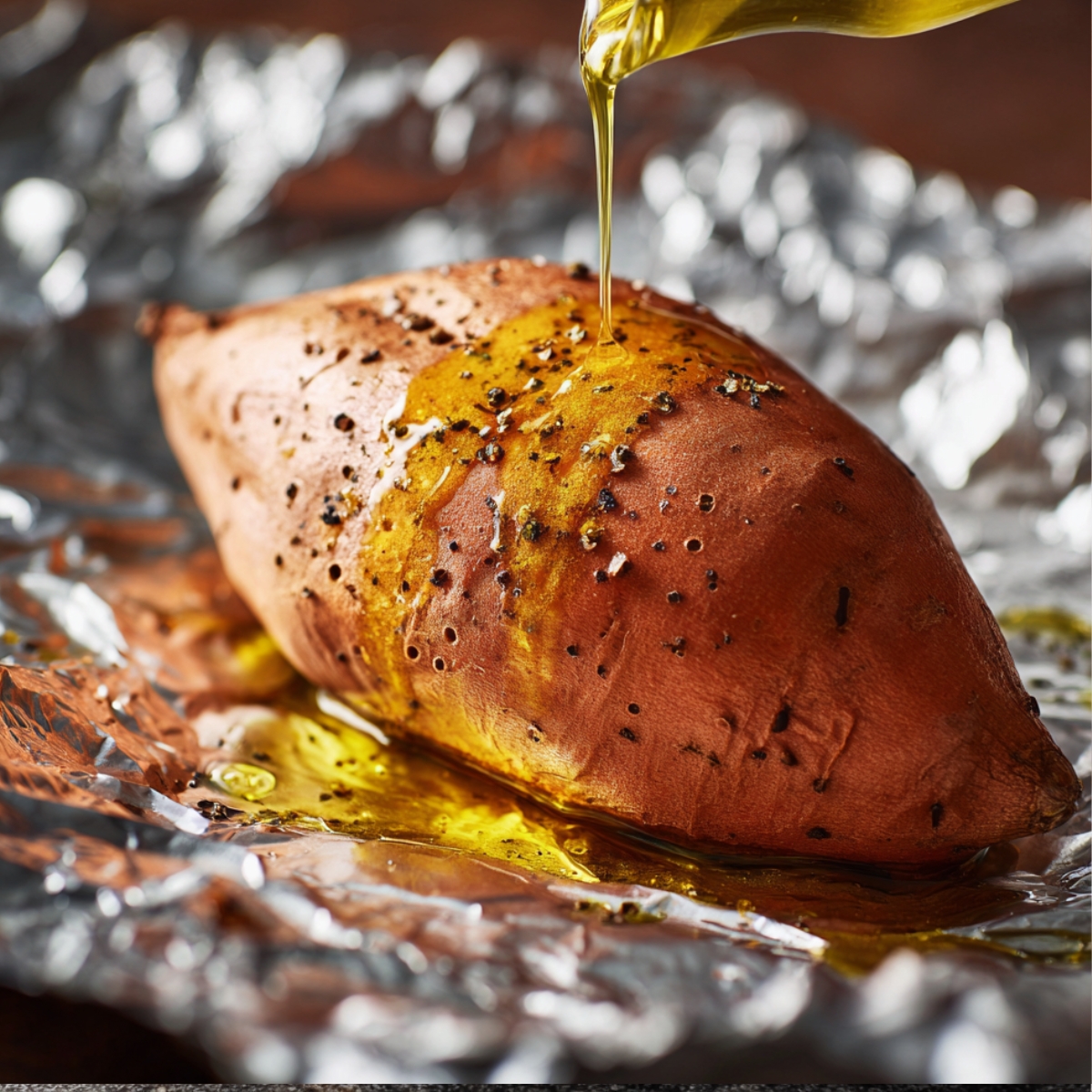 Whole sweet potato on foil, sprinkled with salt and pepper, as golden olive oil drizzles over it in warm natural light for a homemade, cozy feel.