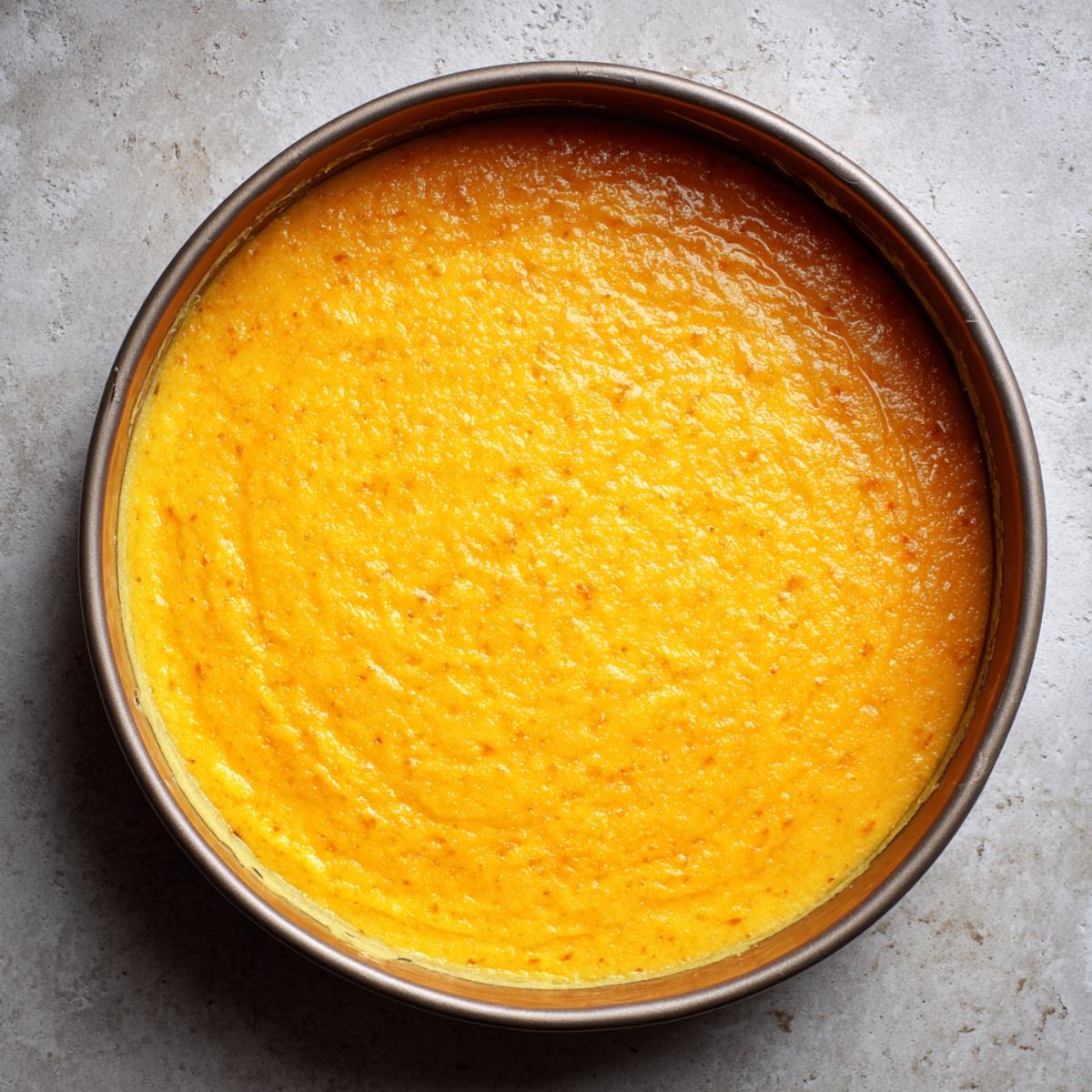A freshly baked Brazilian carrot cake in a round metal pan with a smooth, vibrant orange-yellow surface. The cake has lightly browned edges and a soft, moist texture, sitting on a neutral gray stone surface, showcasing its homemade look.