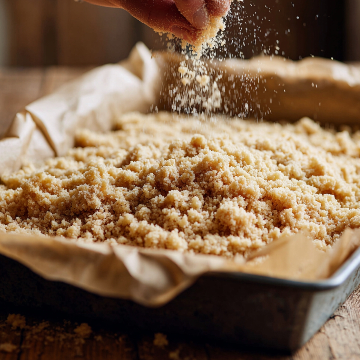 Hand sprinkling crumb topping over an apple cinnamon cake in a parchment-lined baking pan, with a warm, rustic homemade feel.