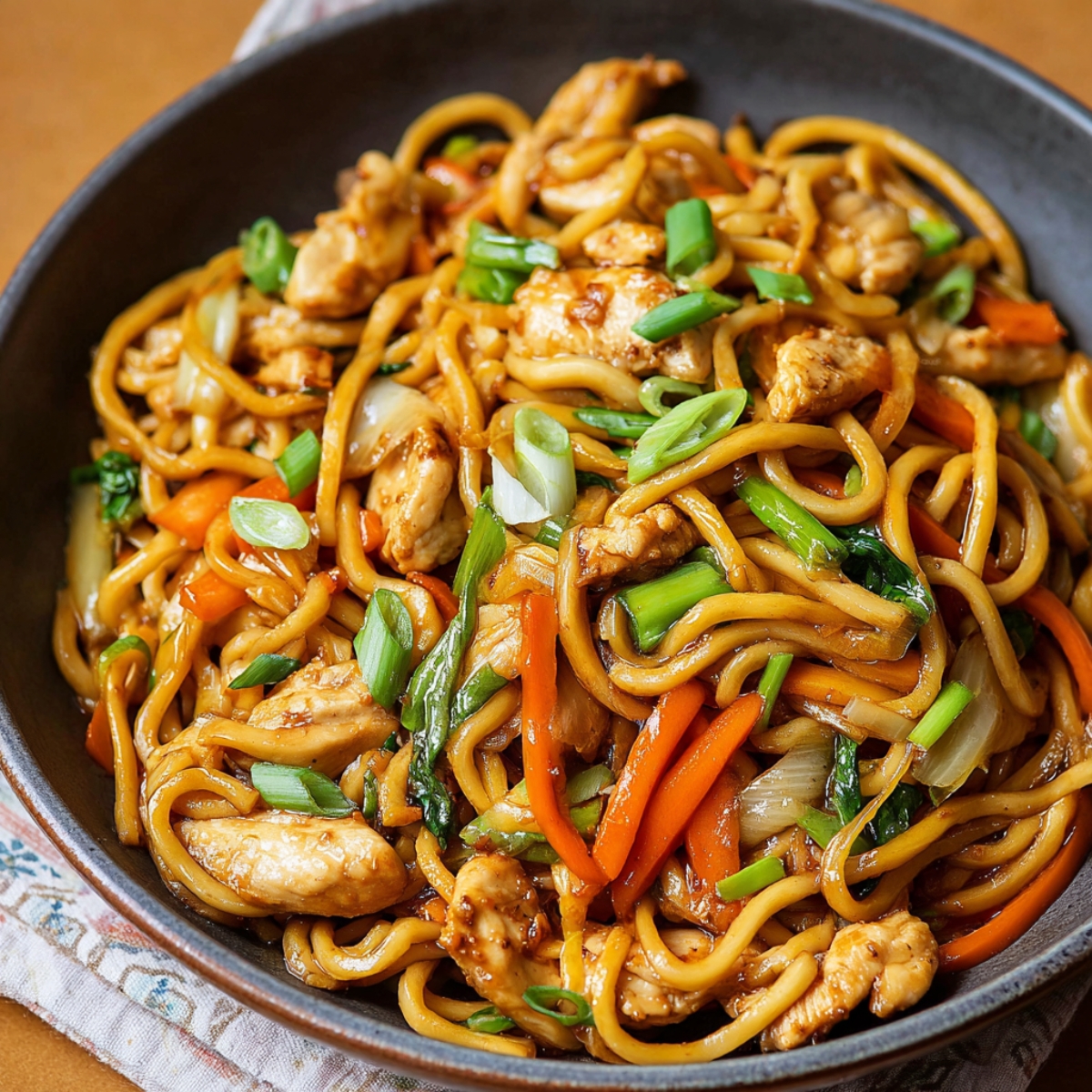 Best Chicken Lo Mein Recipe with golden noodles, tender chicken pieces, colorful strips of carrot and bell pepper, crunchy cabbage, and fresh green onions, all glistening in a rich, glossy soy-based sauce — a fresh, comforting, made-at-home version that looks straight from a restaurant wok.