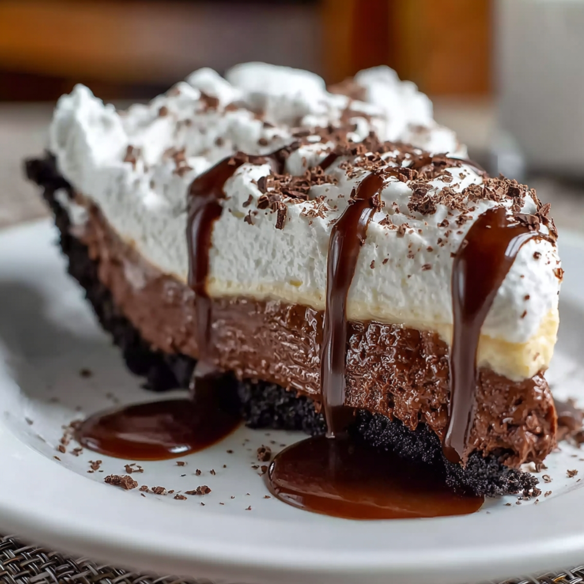 Best Mississippi Mud Pie Recipe slice with layers of chocolate cookie crust, creamy fudge filling, vanilla pudding, and fluffy whipped cream, topped with thick chocolate sauce and chocolate shavings on a white plate.