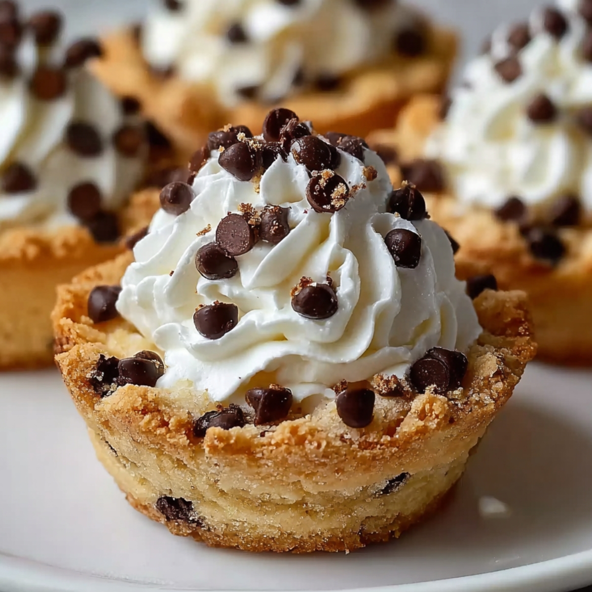 Cannoli Cookie Cups filled with creamy ricotta mascarpone filling and topped with mini chocolate chips on a white plate.