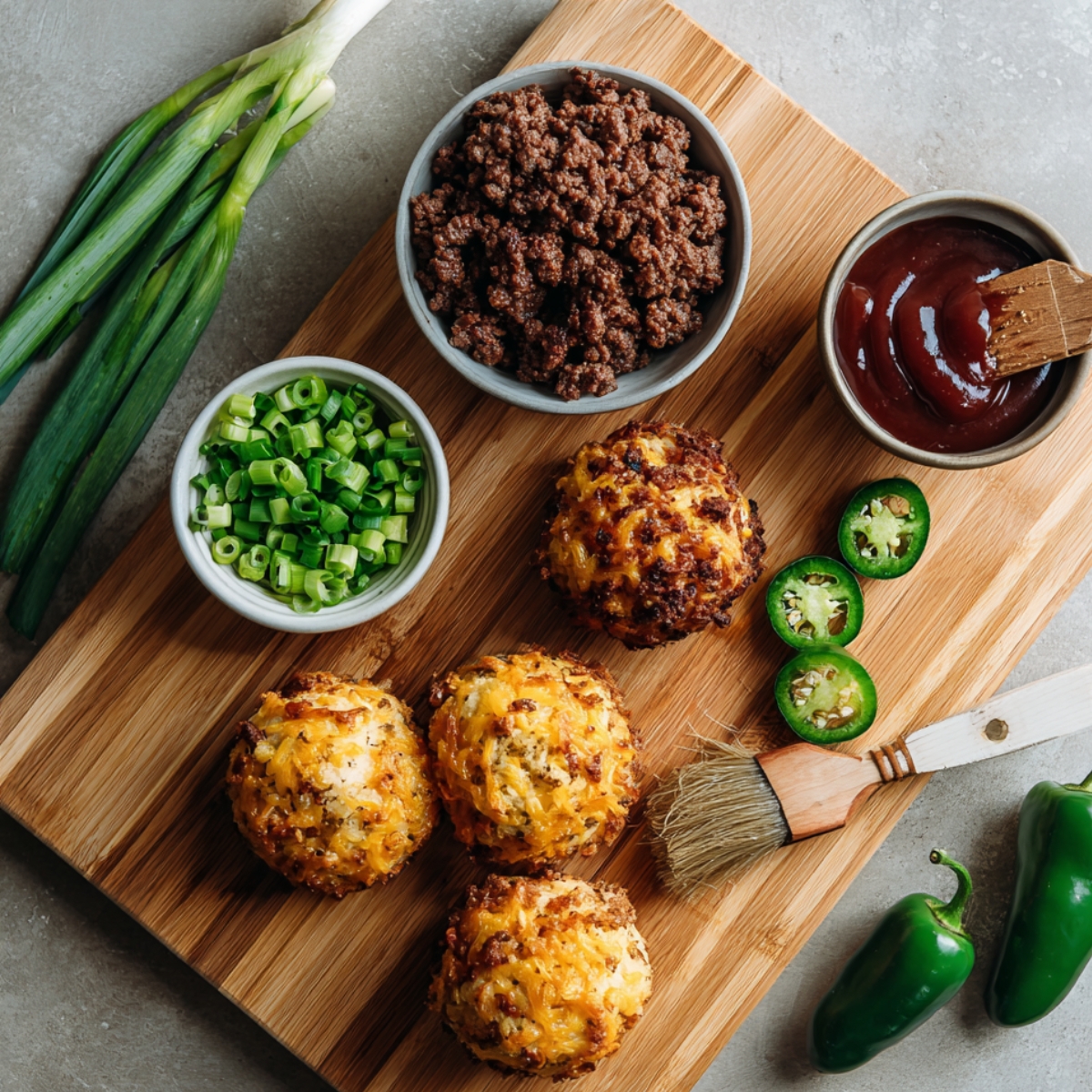 Optional add-ins for Cheesy Bacon Onion Bombs on a wooden board — bowls of cooked ground beef, chopped green onions, sliced jalapeños, and barbecue sauce with a brush beside freshly baked cheesy bacon onion bombs.