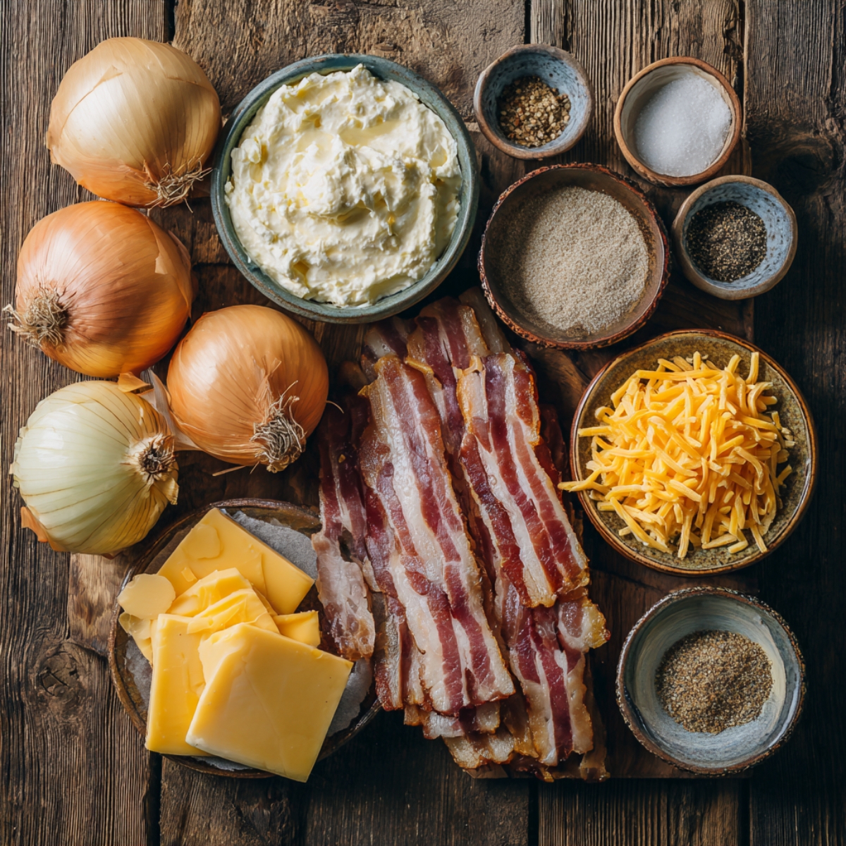 Main ingredients for Cheesy Bacon Onion Bombs on a rustic wooden table — yellow onions, raw bacon, shredded and sliced cheddar, cream cheese, and small bowls of garlic powder, black pepper, and salt.