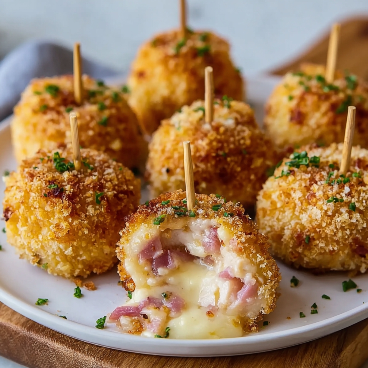 Crispy homemade Chicken Cordon Bleu Bites on a white plate with skewers, topped with parsley. One bite is cut open, showing melted cheese and ham inside.