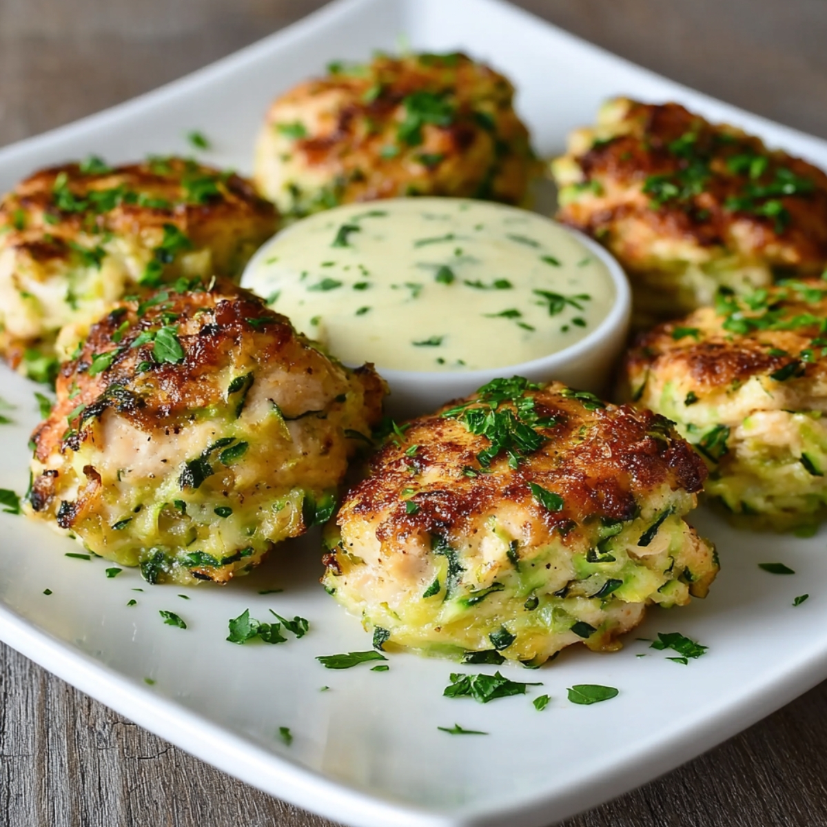 Golden, crispy Chicken Zucchini Poppers topped with creamy herb sauce and fresh parsley, served on a white plate with visible zucchini slices, showcasing a fresh, homemade look.