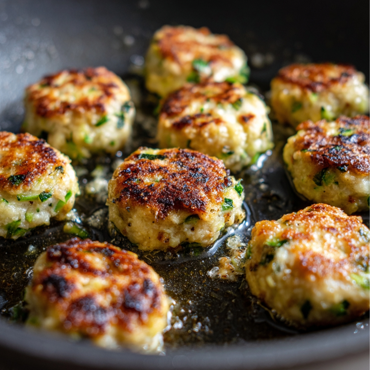 Golden-brown Chicken Zucchini Poppers frying in a skillet with a crispy exterior, flecked with green from zucchini and herbs. The poppers are sizzling in bubbling oil, with a slightly charred edge, giving them a homemade, perfectly cooked appearance.