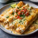 Creamy shrimp enchiladas topped with melted cheese, diced tomatoes, and cilantro on a gray plate, with creamy sauce and shrimp visible around the edges.