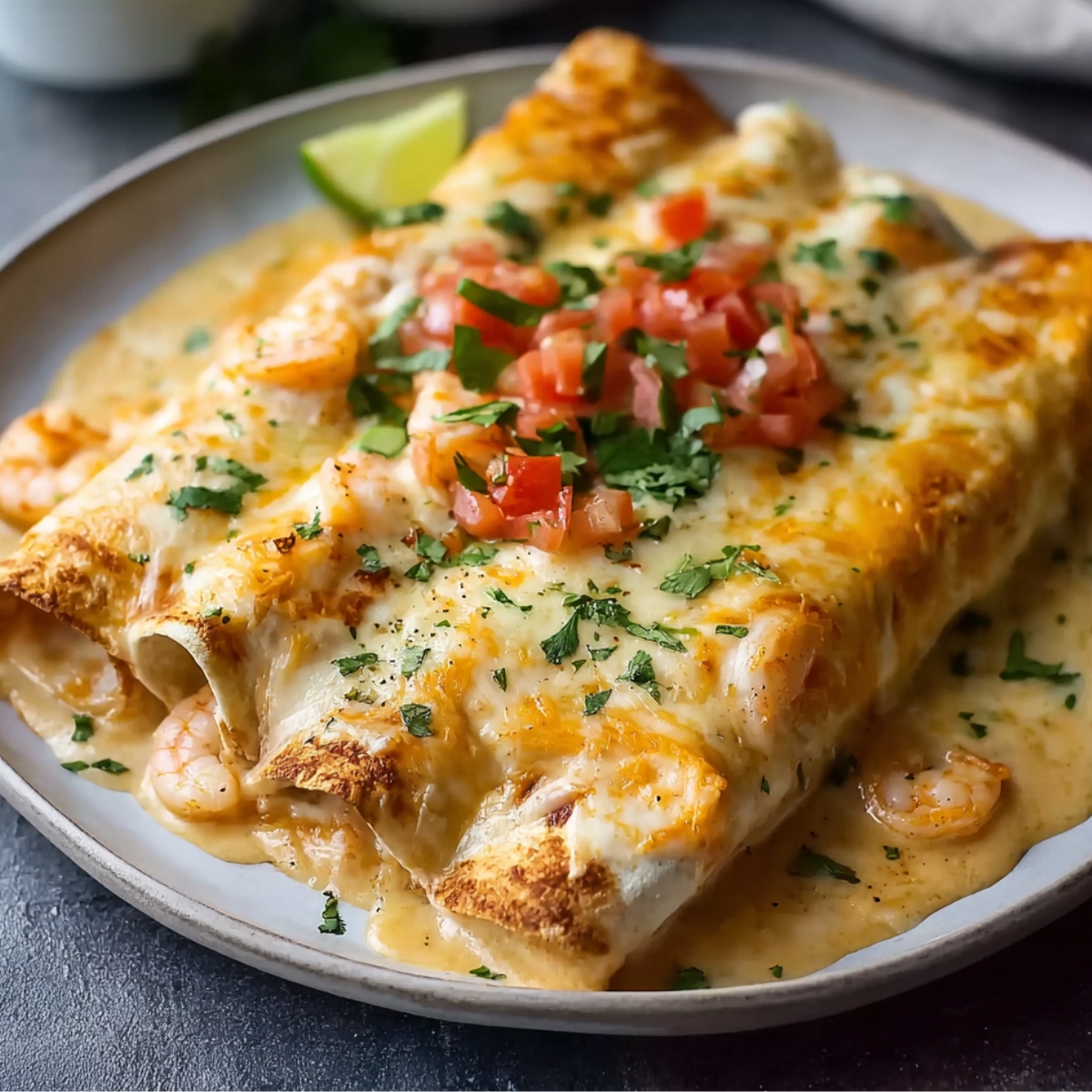 Creamy shrimp enchiladas topped with melted cheese, diced tomatoes, and cilantro on a gray plate, with creamy sauce and shrimp visible around the edges.