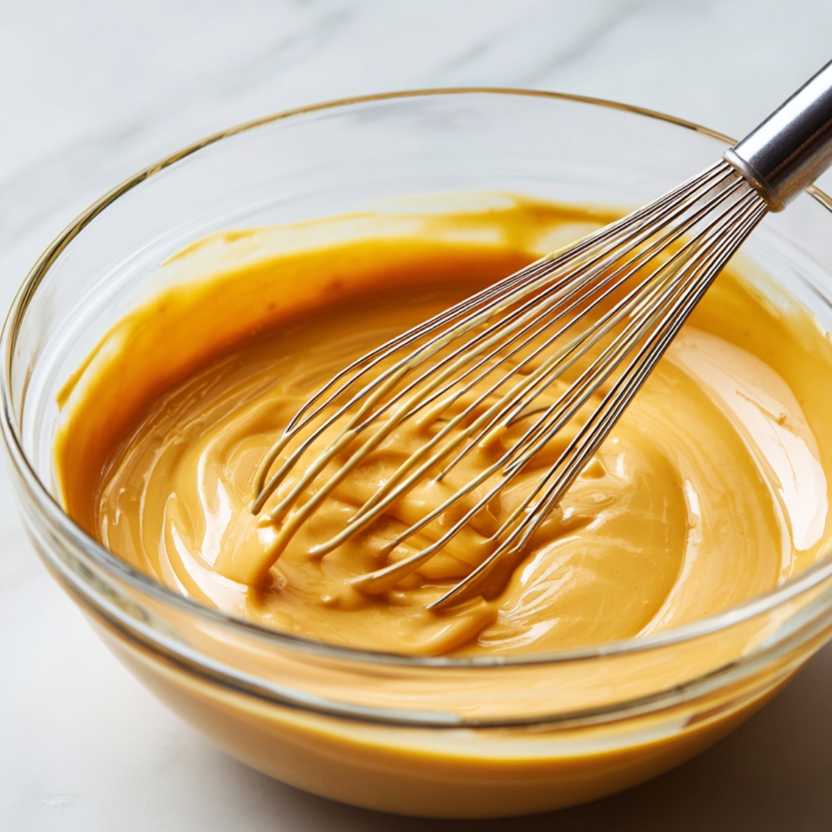 Thick, golden honey custard being whisked in a glass bowl on a marble counter, smooth and glossy with a homemade look.