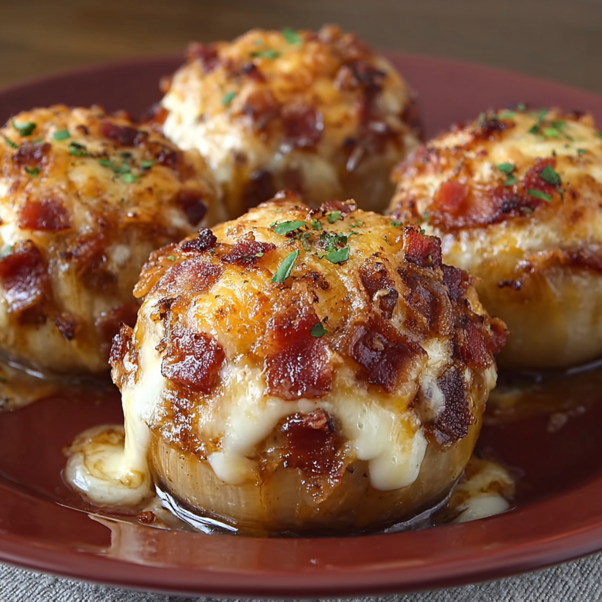 Delicious Cheesy Bacon Onion Bombs on a red plate, topped with crispy bacon bits and melted cheese oozing down the sides, garnished with fresh herbs.
