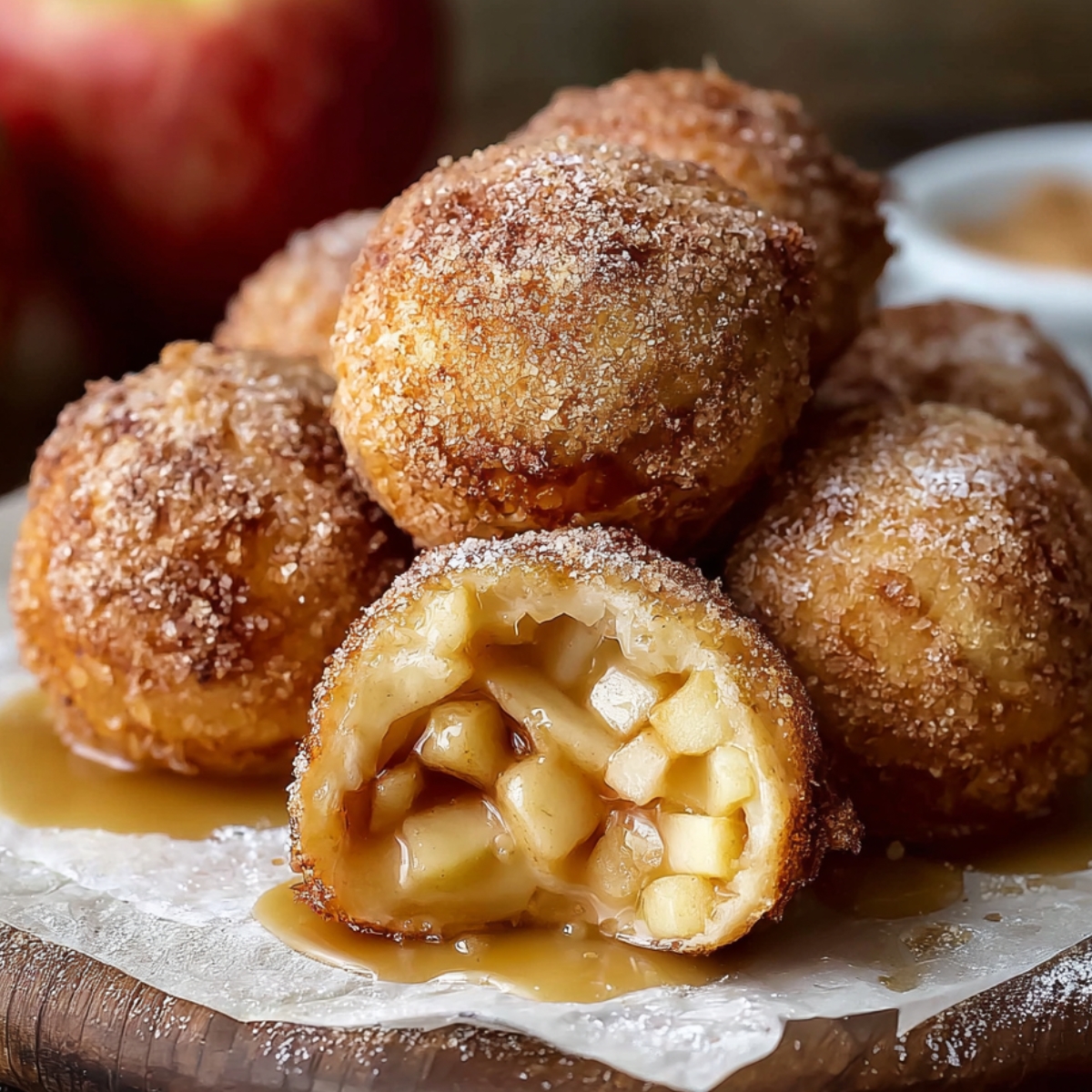 Easy Apple Pie Bombs on a wooden board, coated in cinnamon sugar and drizzled with caramel, one cut open showing gooey apple filling, warm natural light, cozy homemade feel.