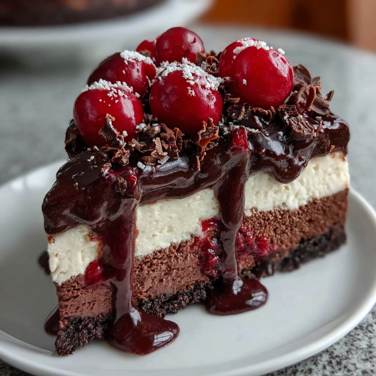 A slice of homemade Black Forest Cheesecake with chocolate and vanilla layers on a cookie crust, topped with glossy ganache, fresh cherries, chocolate shavings, and cherry filling dripping down the sides.